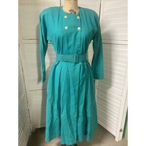 Vintage 80s Depeche Mode Belted Dress Shirt Dress Fit N Flare Teal Sz Small USA